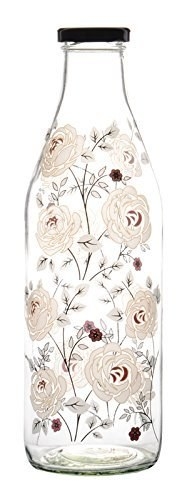 Glass bottle with a floral print.