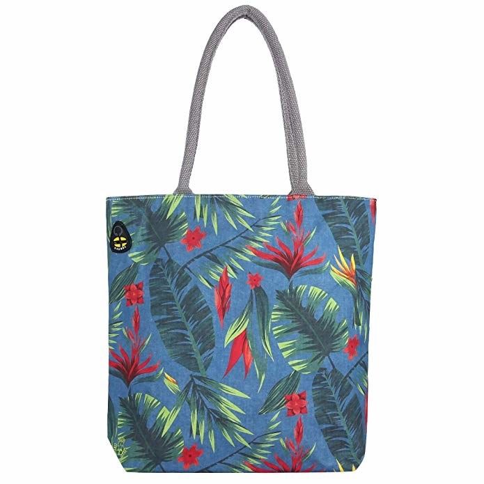 Blue tropical leaf printed bag.