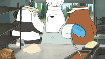 Ice Bear kneading dough super quickly in the kitchen