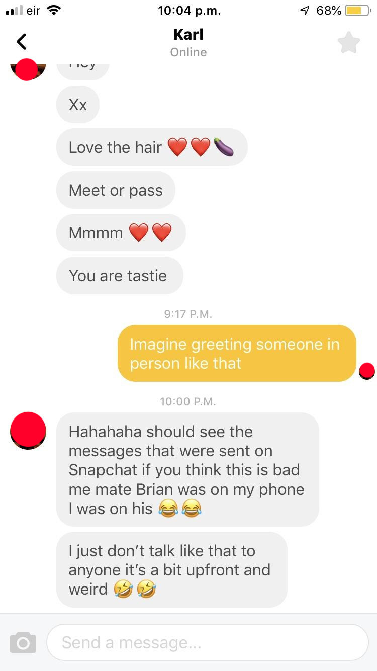 Text says &quot;Love the hair&quot; and &quot;You are tasty,&quot; the response is &quot;Imagine greeting someone in person like that,&quot; and they say their mate Brian was on their phone and they don&#x27;t talk like that &#x27;cause it&#x27;s a bit weird