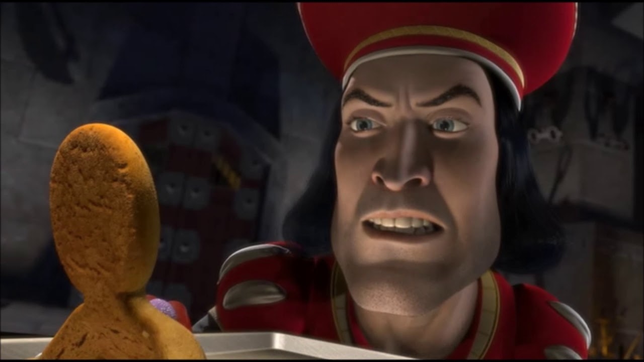 Lord Faquaad talking to a gingerbread man