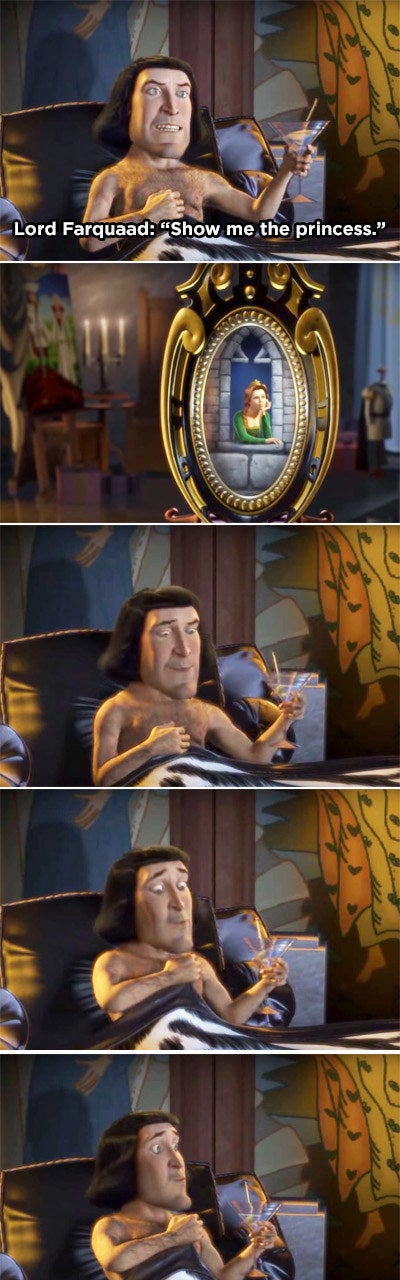 Lord Farquaad looking at an image of Fionna and then readjusting the sheets over his lap with embarrassment