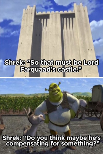 Shrek saying that Lord Farquaad must be overcompensating of something