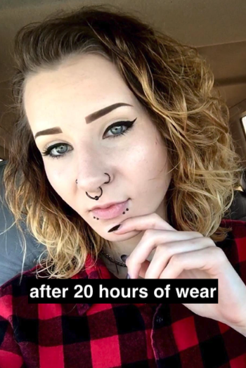 reviewer's makeup after 20 hours of wear, showing no fading or smudging