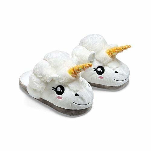 White slip-on unicorn slippers.