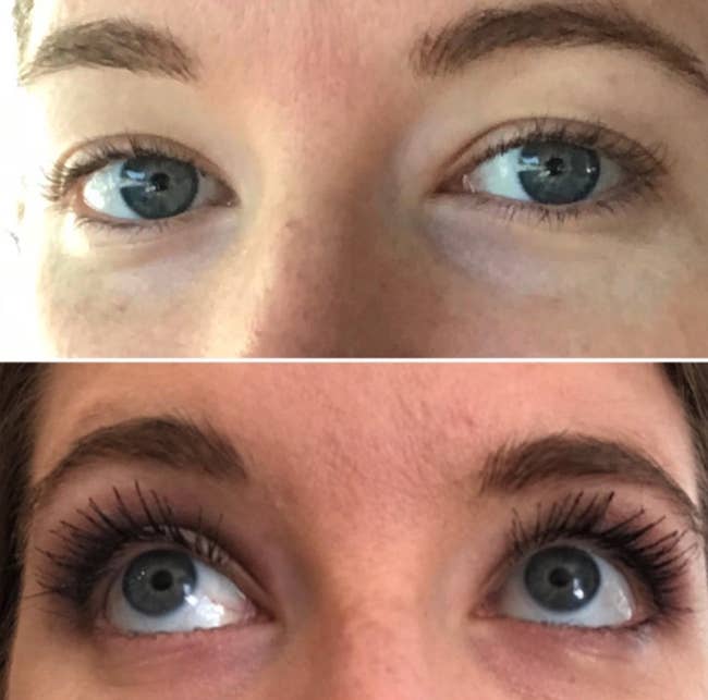 before/after image of lashes without and with the booster. The after pic shows long, full-looking lashes