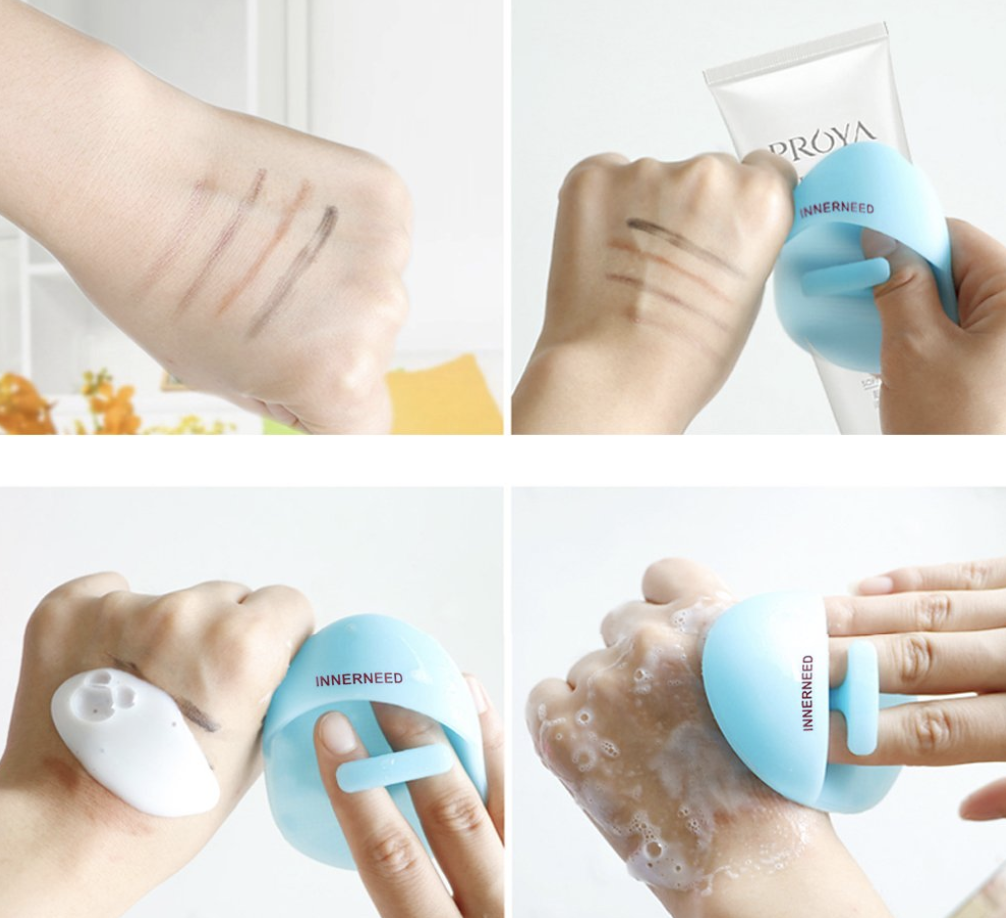 Photos of blue silicone face cleanser wiping away makeup from hand