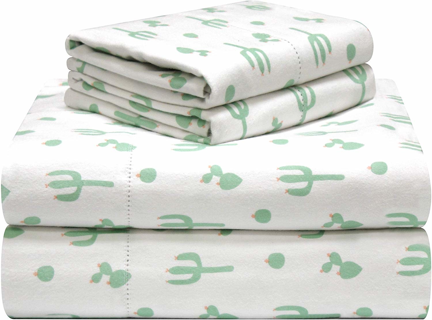 white flannel sheets with a green cacti print 