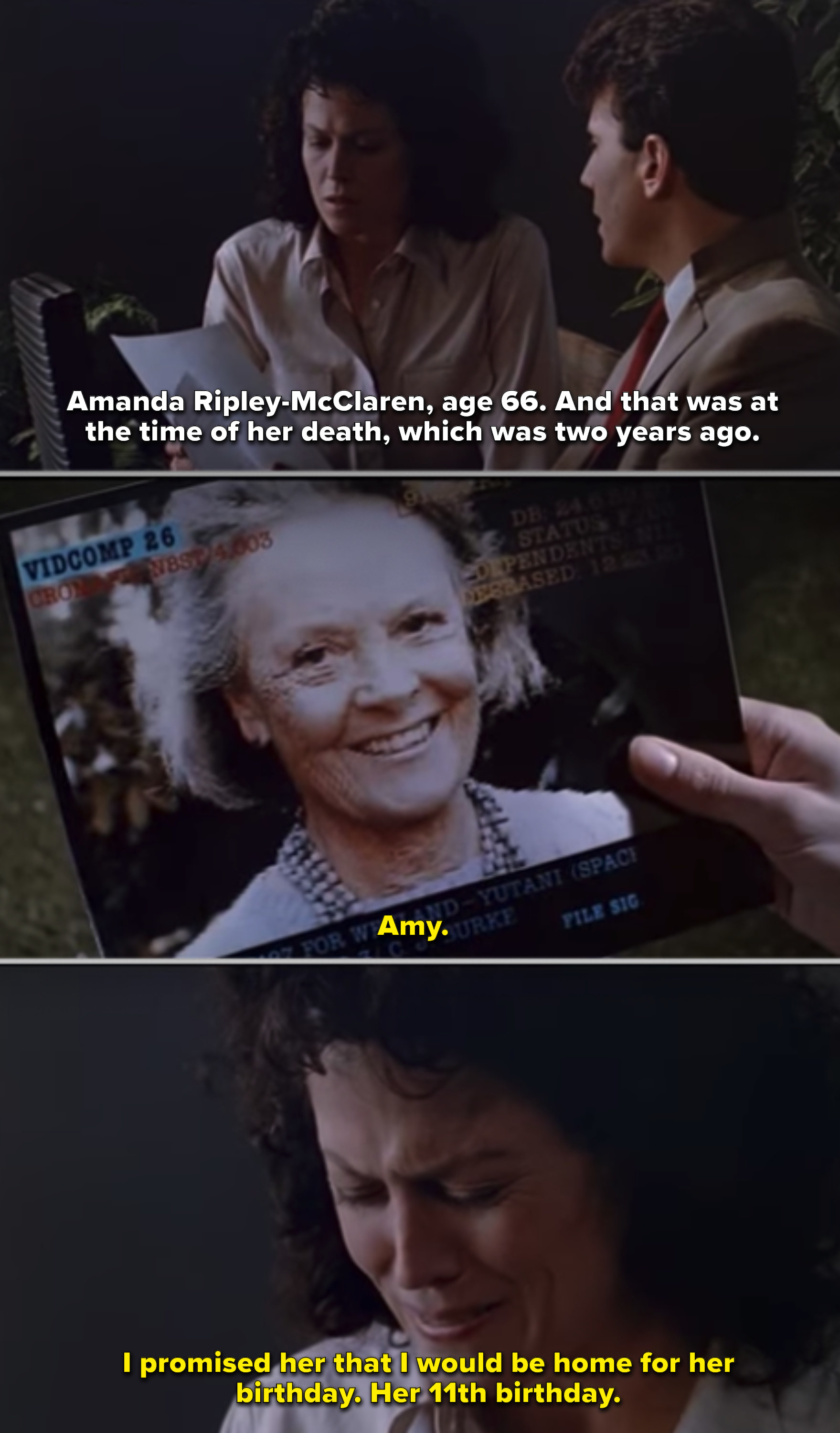 Ripley looking at a picture of her daughter as an old woman