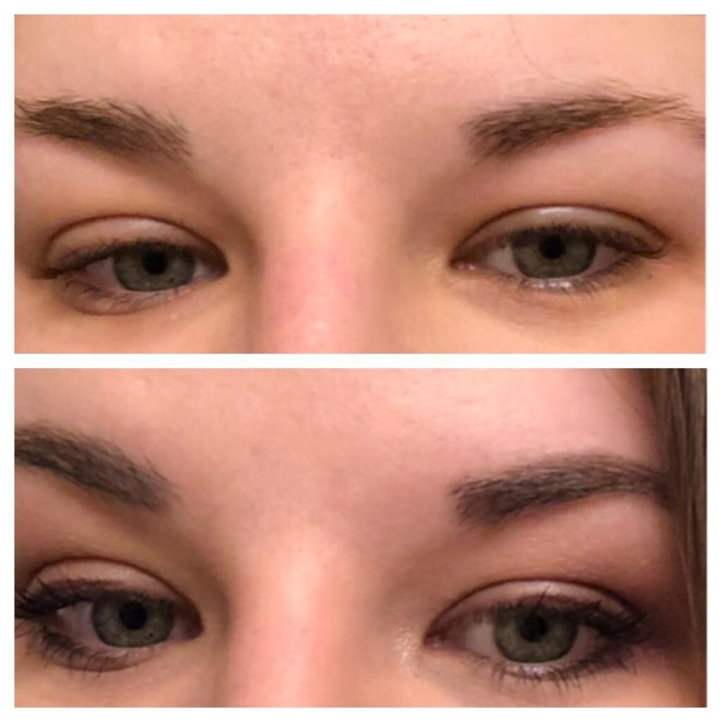 before: a reviewer&#x27;s un-filled-in brows; after: their brows filled in, looking neat and darker