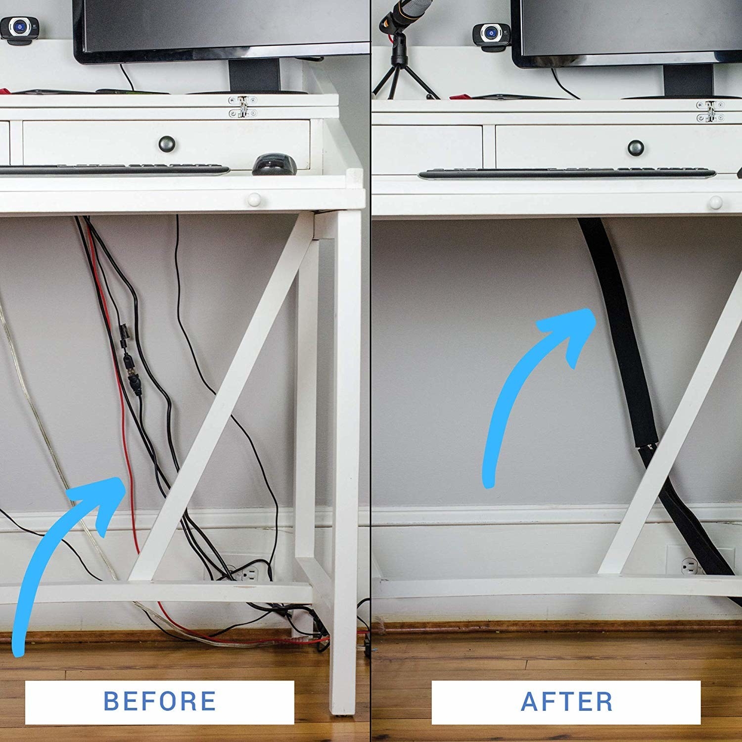 to the left: messy cords hanging under a desk, to the right: contained cords