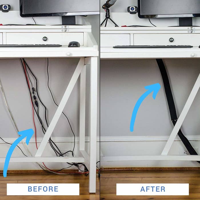 A before image of a ton of wires under a desk and an after image of them zippered up 