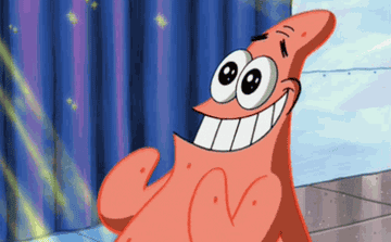 gif of patrick from spongebob squarepants smiling bright and blinking