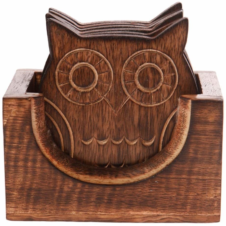 Sass  Belle Set of Six Wooden Owl Coasters 