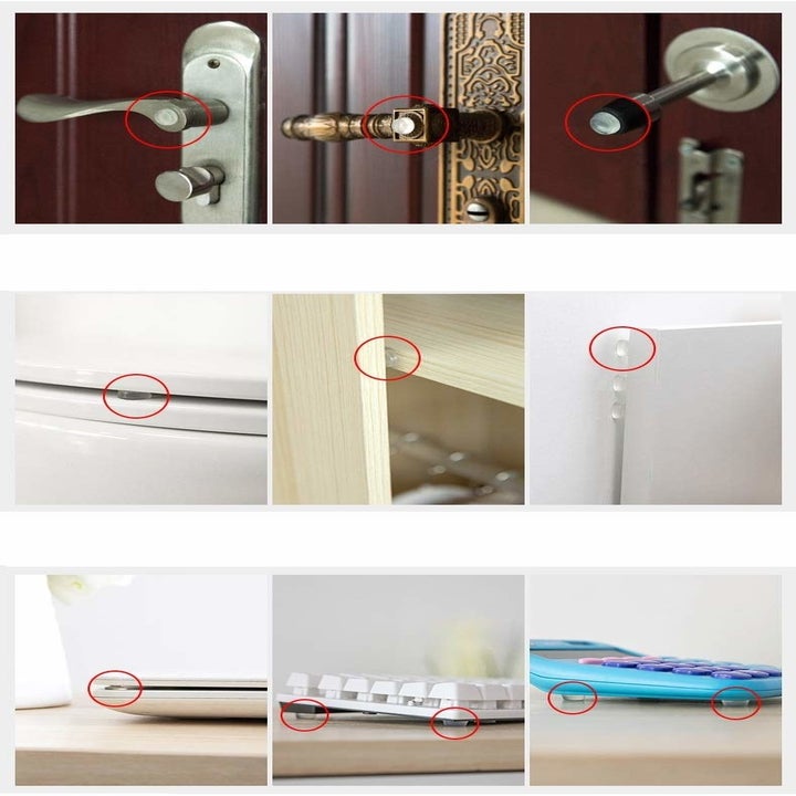 Sound-dampening bumpers attached to various surfaces such as on door handles and under keyboards