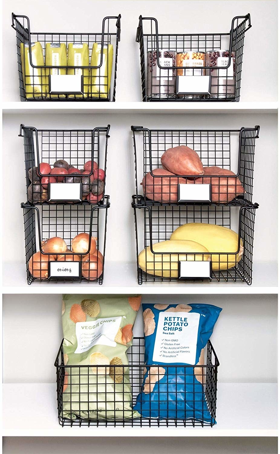 Metal grid baskets with food inside 