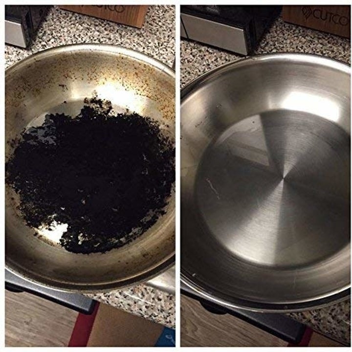 A before and after of a stained and crusted pan and then the pan silver and shiny