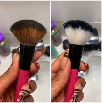 Left: a reviewer holding a brush covered in product. Right: the same brush with the bristles restored to white