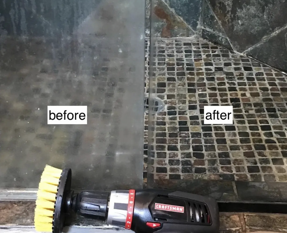 Before and after image of a shower door with hard water stains turned totally clean again 