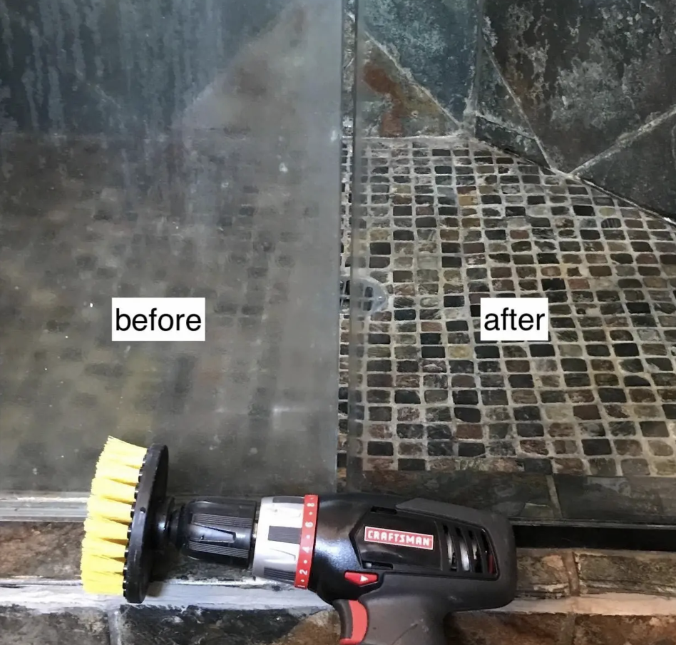 Before and after image of a shower door with hard water stains turned totally clean again 