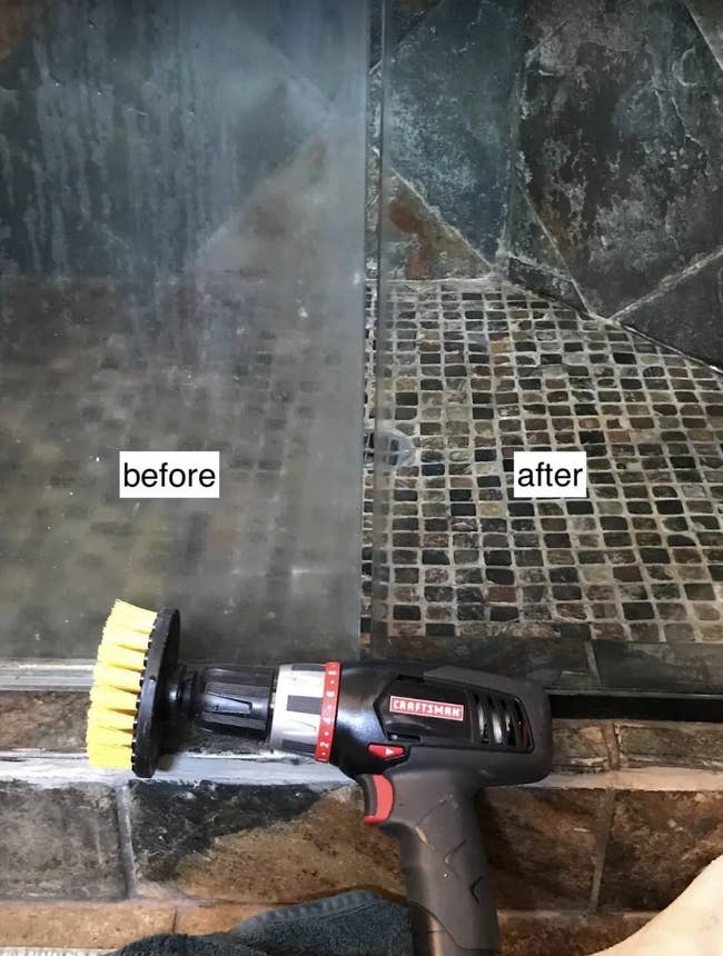 Before and after of a reviewer's shower door with hard water stains turned totally clean again 