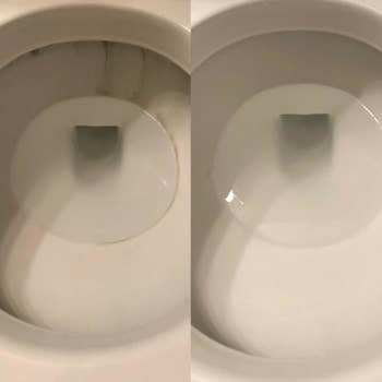 A before and after of a reviewer's toilet bowl with gray rings and without them