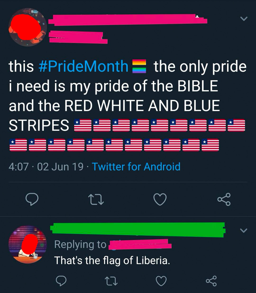 tweet of someone confusing the liberian flag for the usa flag