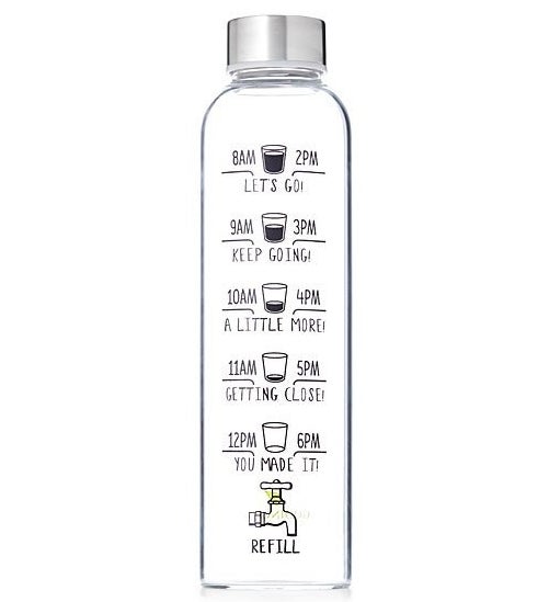 The bottle marked with times 8 am to 12 pm on one side and 2pm to 6 pm on the other, leading down to an icon that says &quot;refill&quot; with motivational phrases along the way