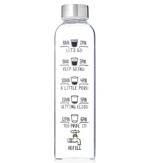 The bottle marked with times 8 am to 12 pm on one side and 2pm to 6 pm on the other, leading down to an icon that says "refill" with motivational phrases along the way