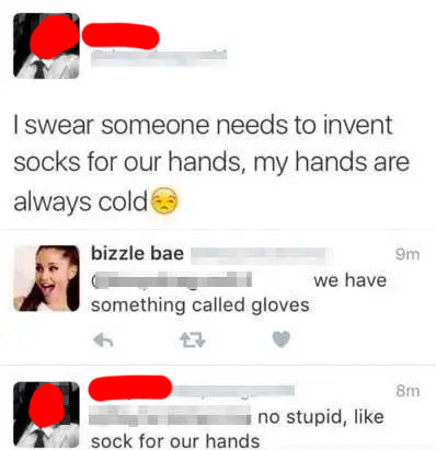 tweet conversation about someone not knowing what gloves are