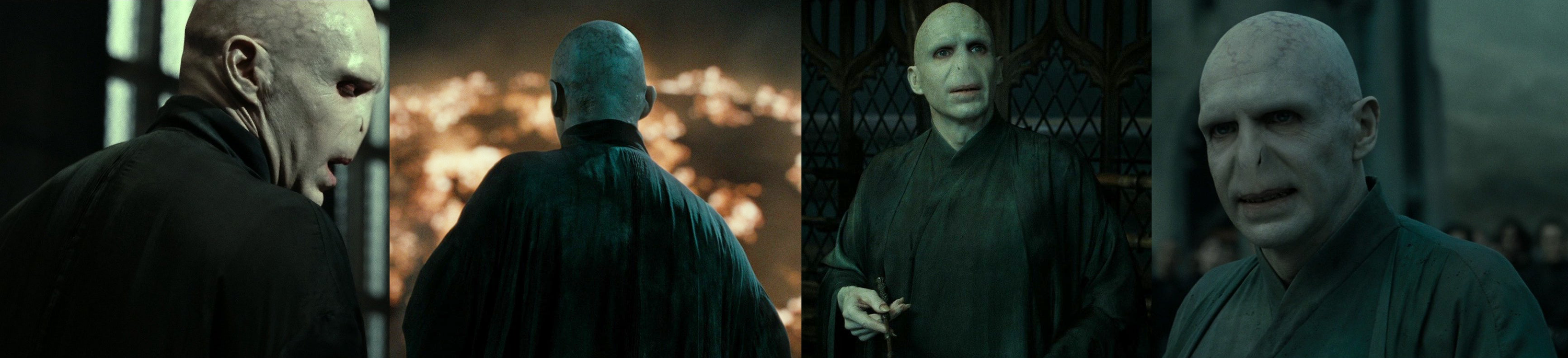 Voldemort in a black robe and then three more scenes where the robe looks lighter and dustier