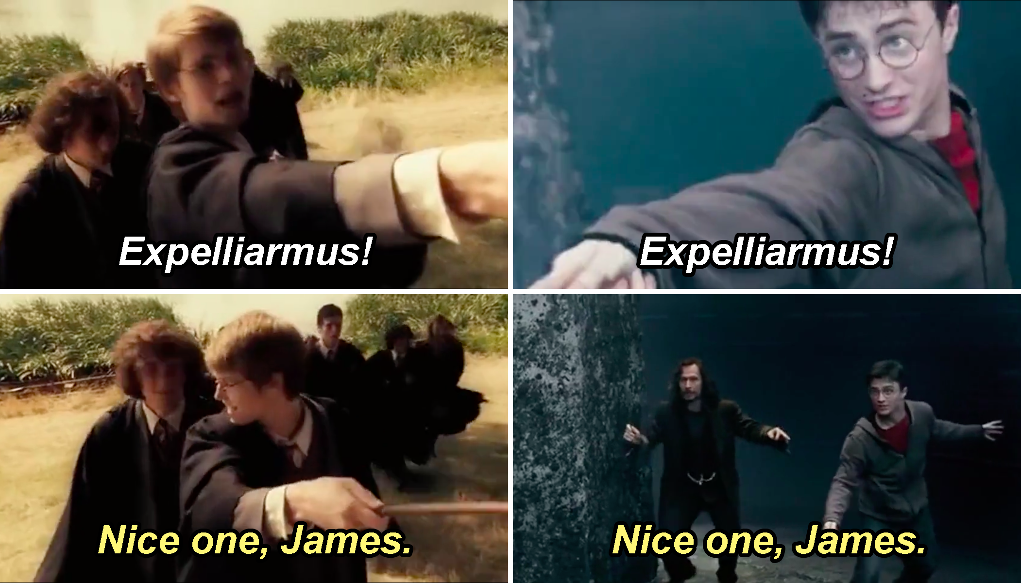 James and Harry using &quot;Expelliarmus&quot; and Sirius responding in both with &quot;Nice one, James&quot;