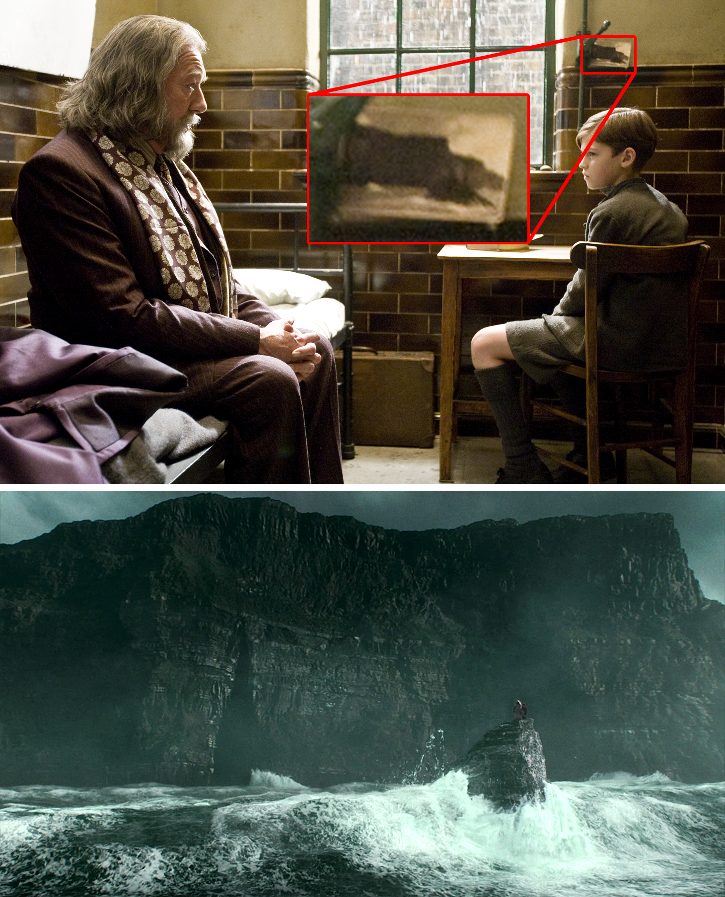 A picture of cliffs in Tom&#x27;s room and then Dumbledore and Harry at those cliffs