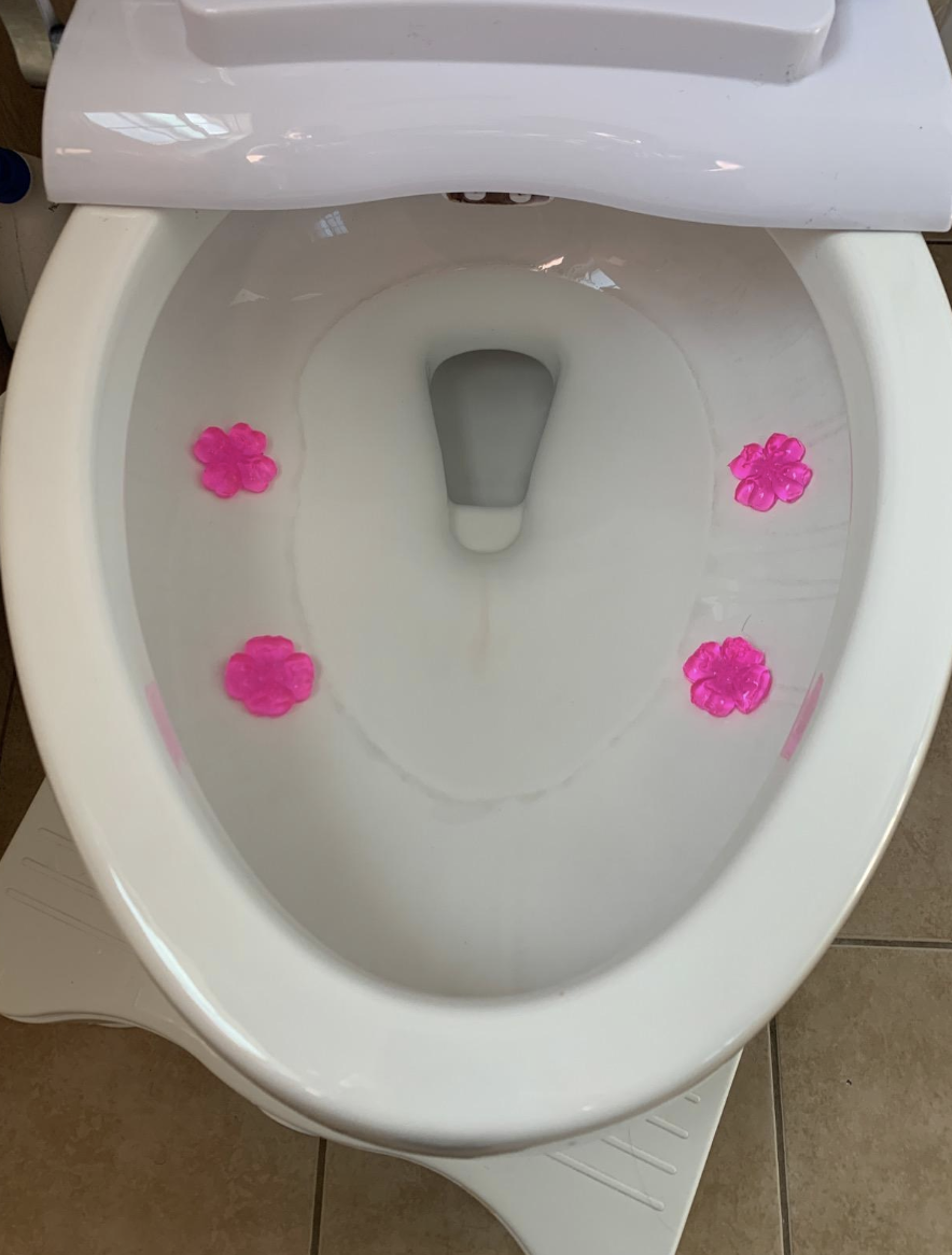 Pink flower toilet stamps around a clean white toilet bowl