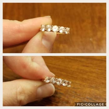 Before pic of a cloudy diamond ring, and and after pic of it significantly cleaner 