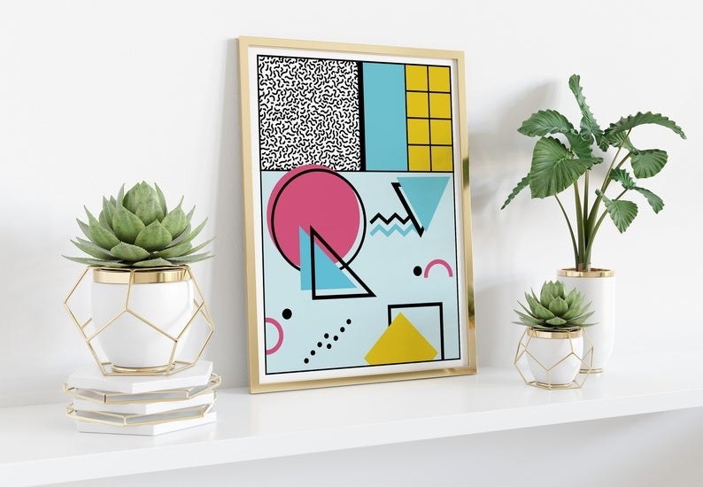 &#x27;80s era print with shapes and patterns in pastel colors 