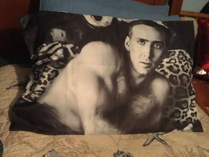 Pillowcase with a black-and-white image of a shirtless Nicolas Cage on it