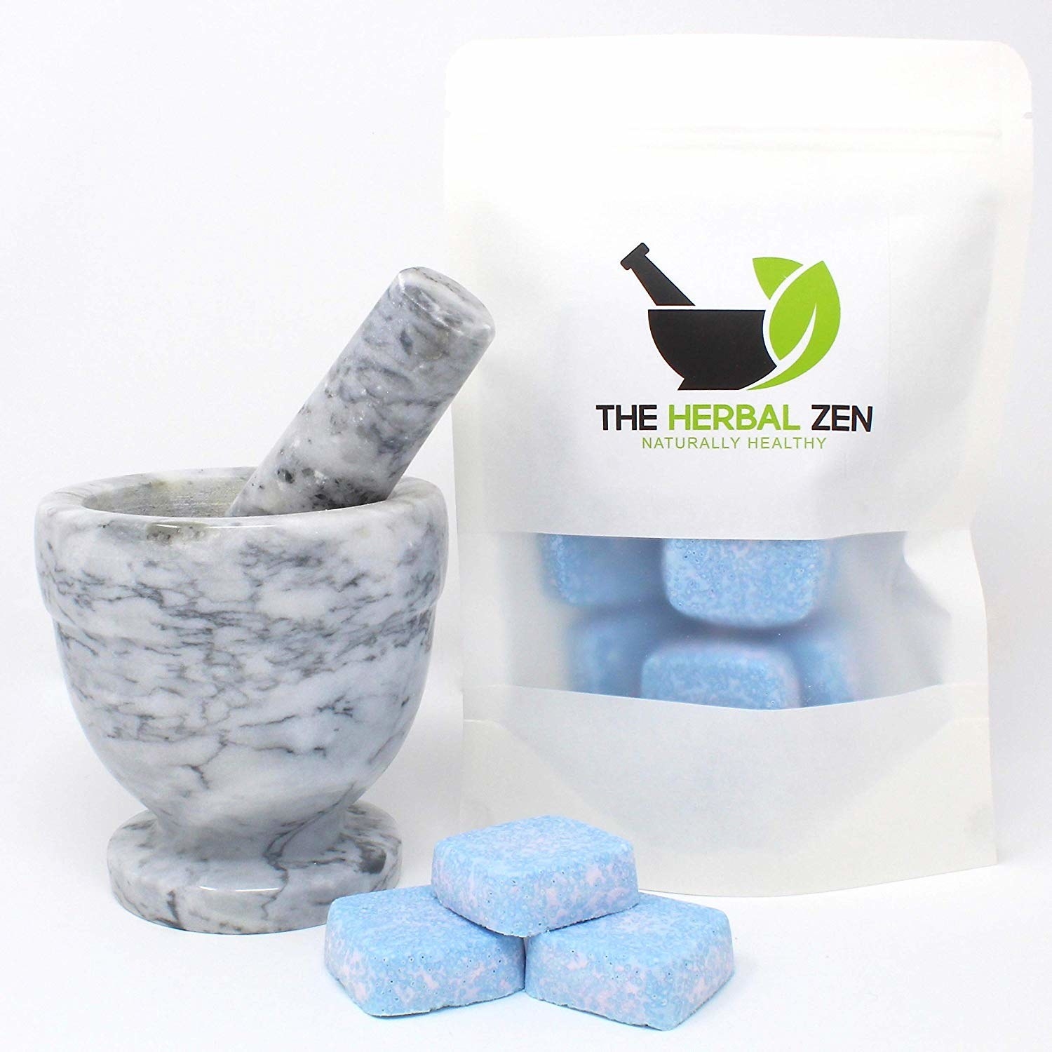 blue cubes next to mortar and pestle