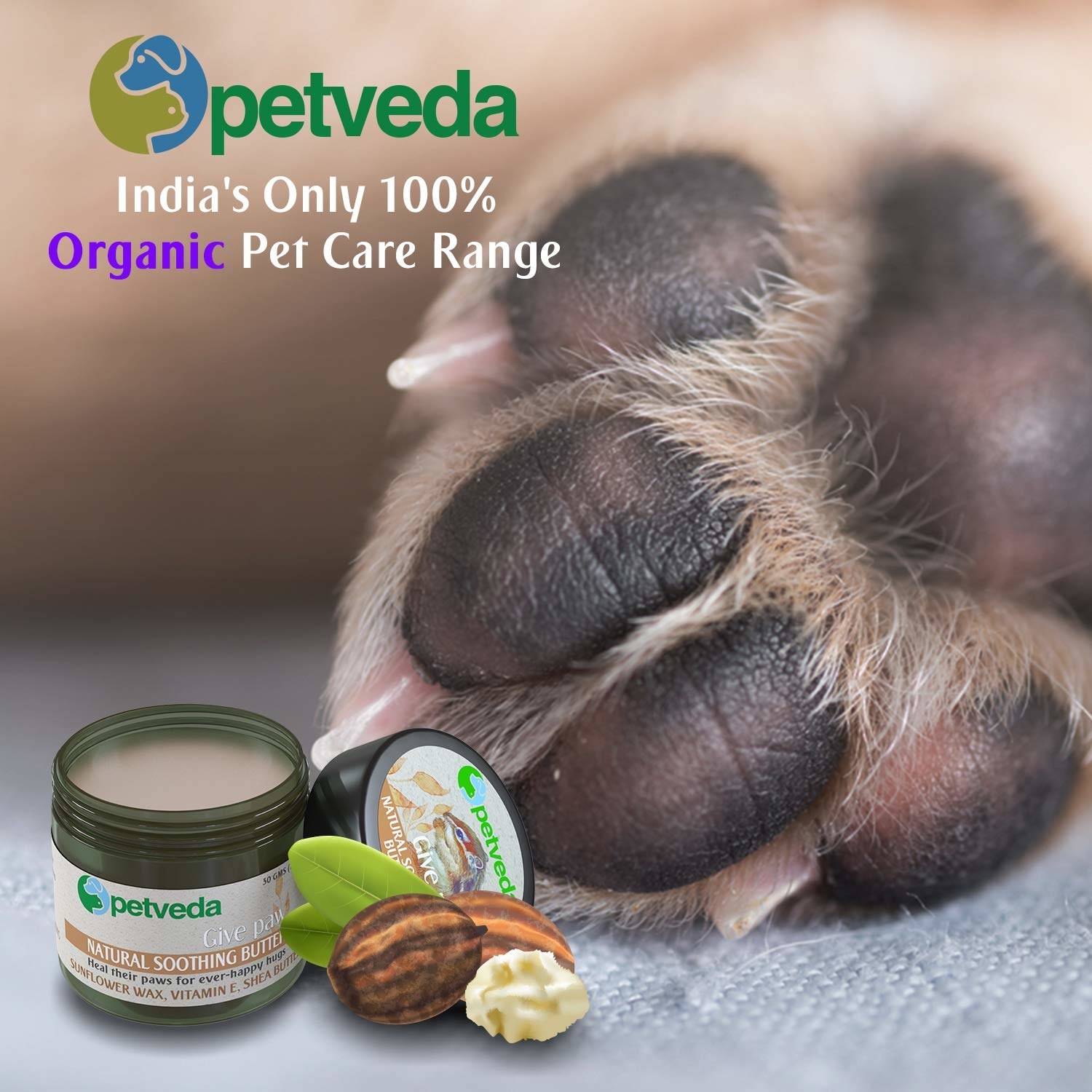 Image showing a puppy&#x27;s paw and the balm bottle.