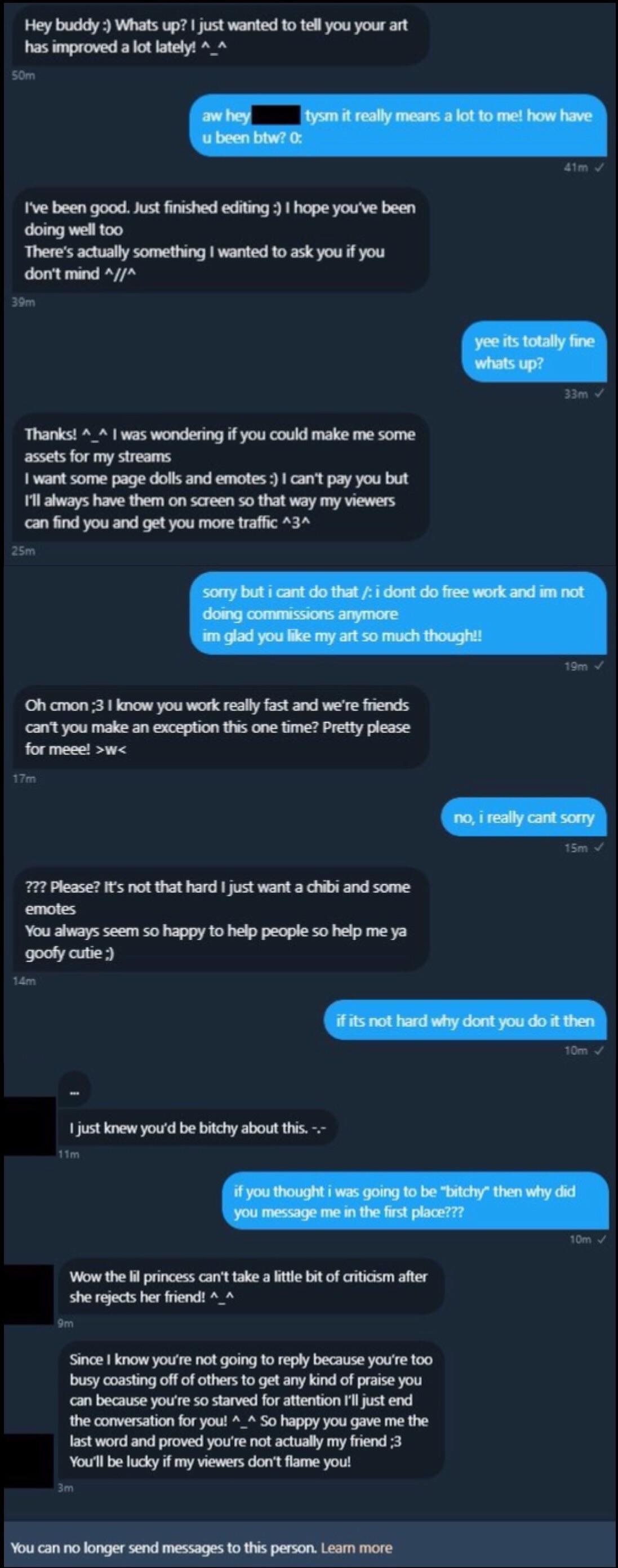 Person asks for freebie work for their website and when artist says no, person calls them bitchy and a &quot;lil princess&quot; who can&#x27;t take criticism