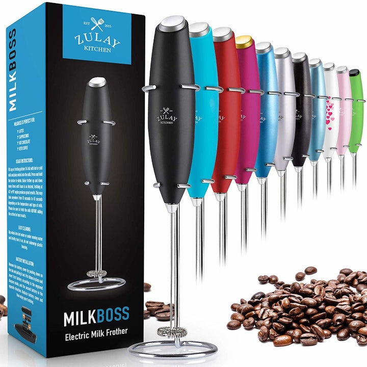 The Zulay cordless milk frother in various colors