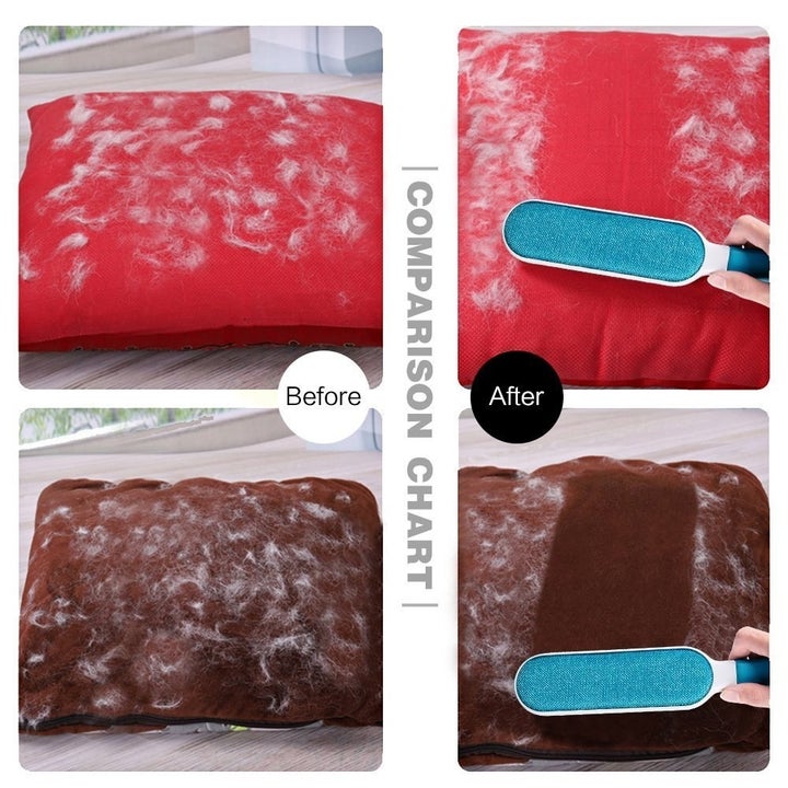 Before and after pictures of a cushion on which the lint remover brush was used.