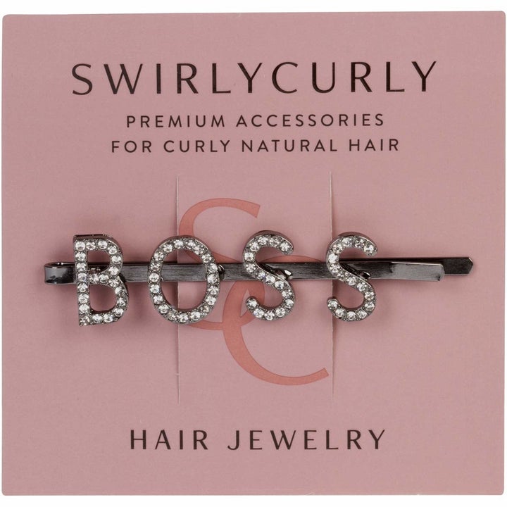 product shot of rhinestone "BOSS" hair clip