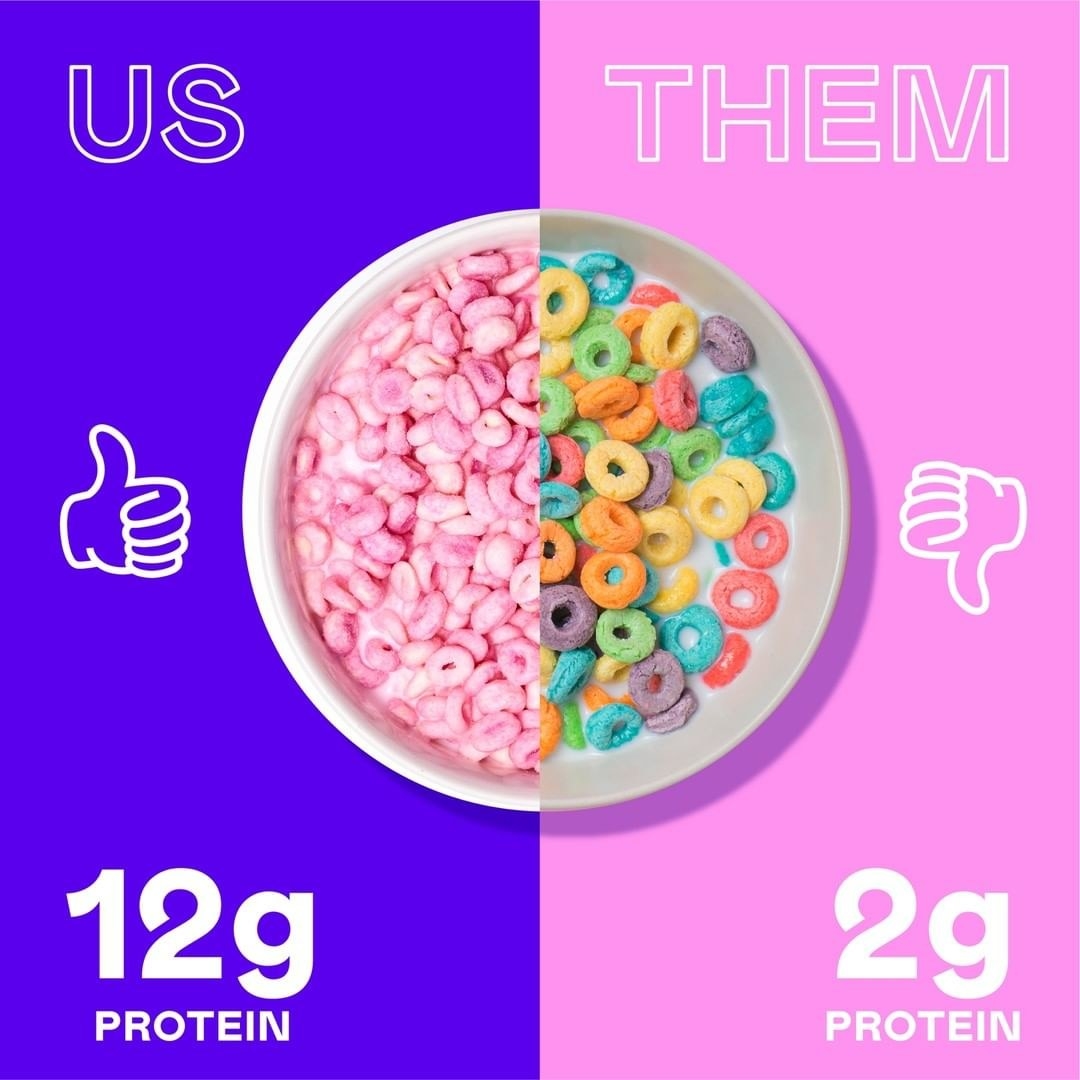 An illustrated representation of how one bowl of MagicSpoon cereal has 12 grams of protein while sugary cereals have about 2 grams of protein 