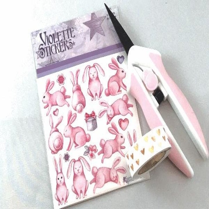 Close-up showing the detail of a bunny sticker sheet 