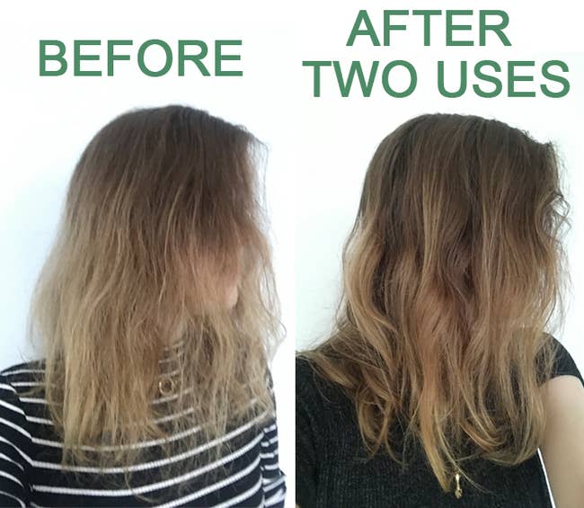 before and after pictures of buzzfeed writer bek's hair; before it is dry and damaged, after is shiny and frizz-free