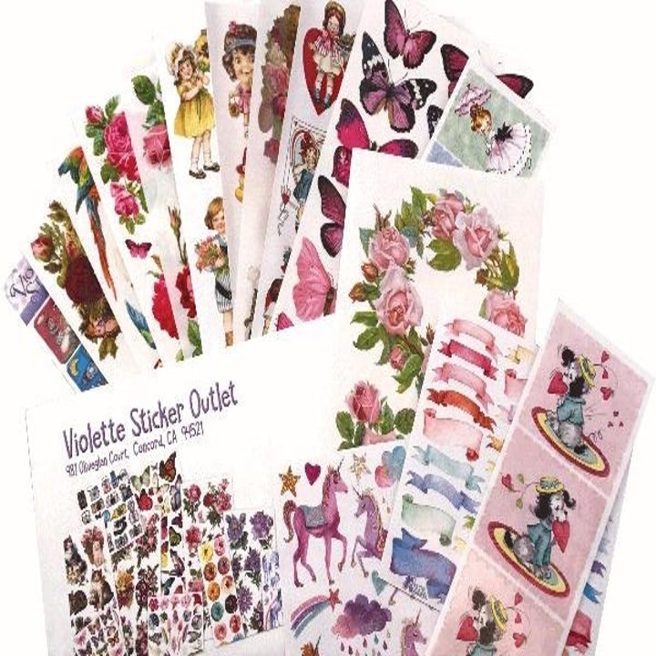 An array of sticker sheets featuring flowers, butterflies, unicorns, and more 