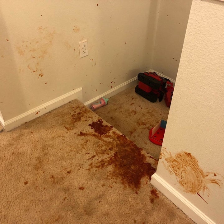 reviewer photo showing a major red spill all over their wall and carpet