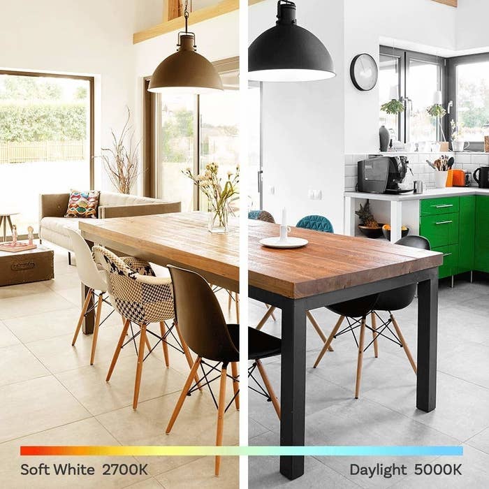 A side by side of a room being warmly lit by soft white bulbs vs being lit by the daylight bulbs, which has more natural-looking light