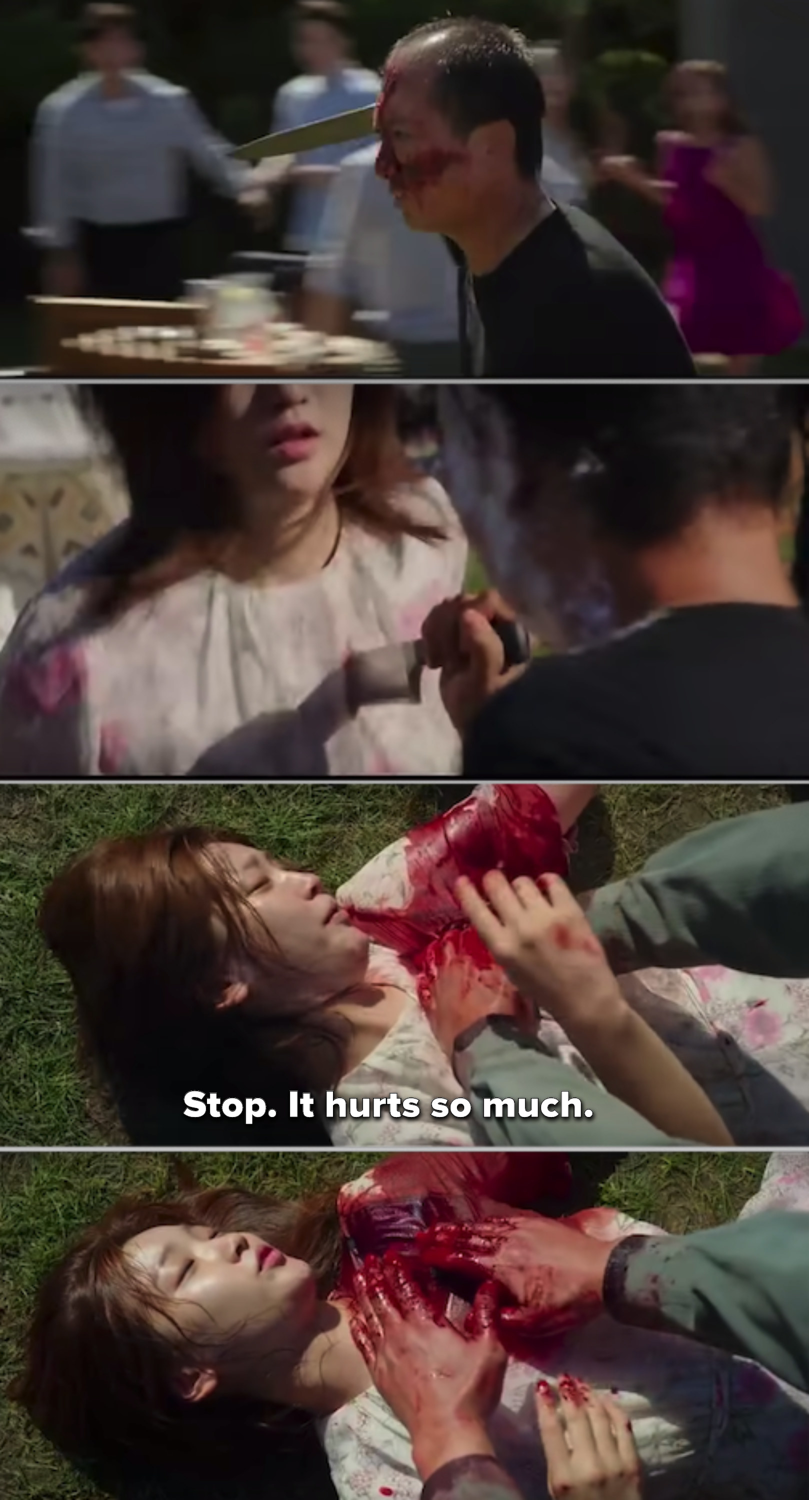 Ki-Jung getting stabbed and lying on the ground